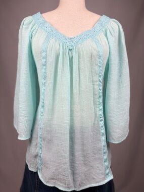 No Boundaries Aqua Gauze Blouse Crochet Trim Flowy Boho Top Medium